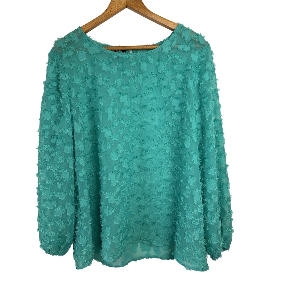 Alfani Womens Blouse Size Large Sheer Top Teal Aqua Eyelash Pullover Keyhole Bck